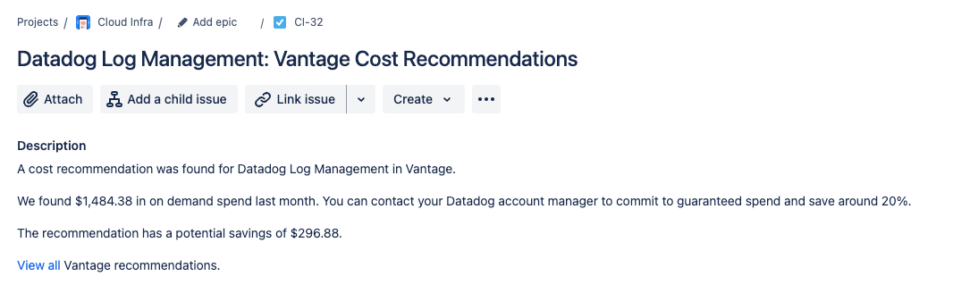Example of a Jira issue created from a recommendation for Datadog.