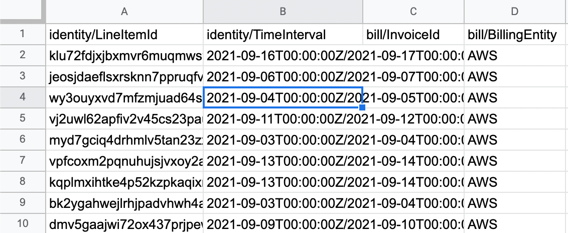 A snippet of a cost and usage report showing columns from the `identity` and `bill` tables.