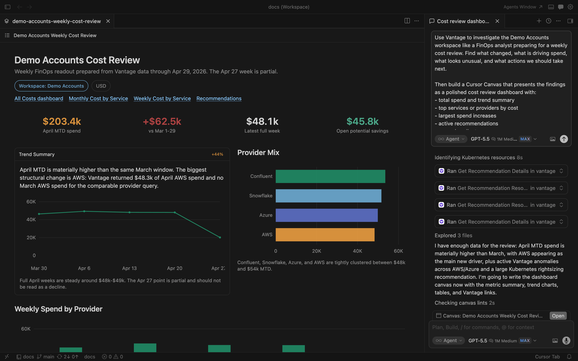 The Vantage plugin running inside the Cursor console