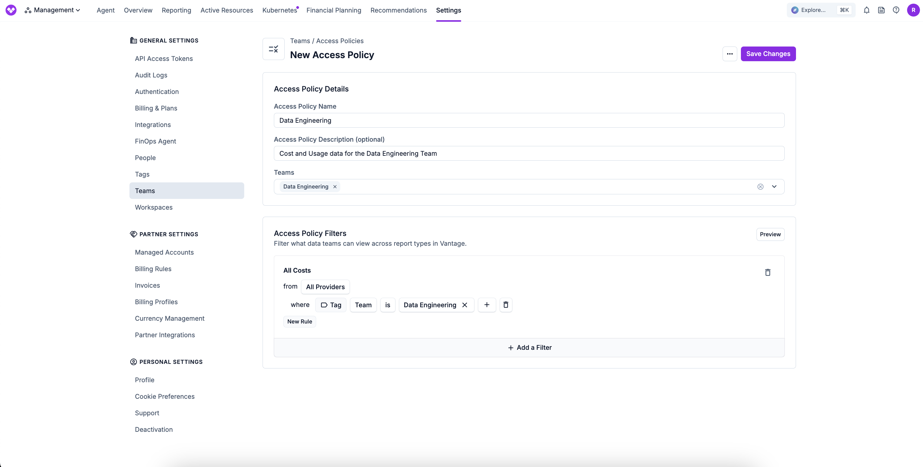 An Access Policy limiting a team to AWS costs on the Access Policies page