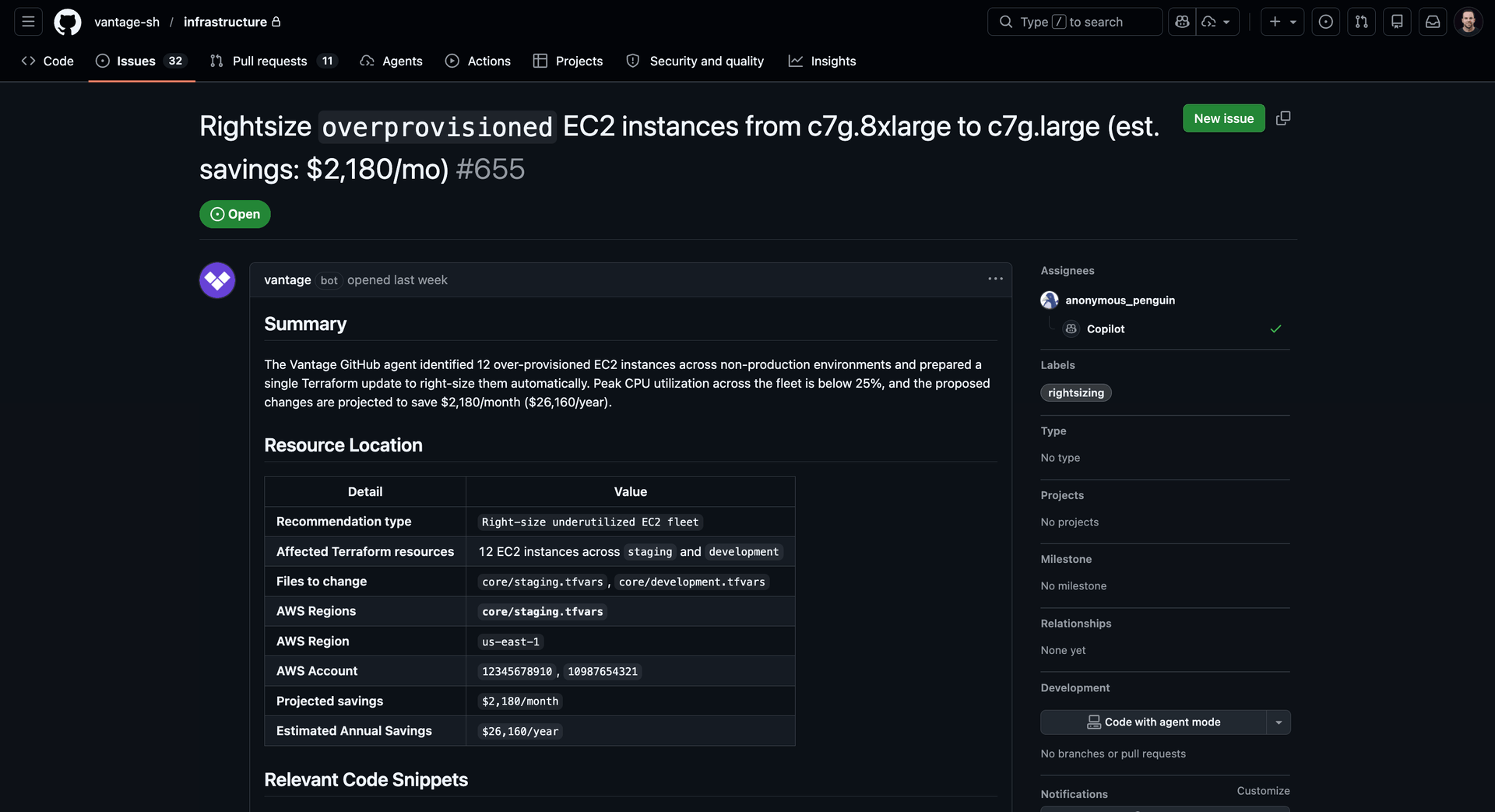 The Vantage FinOps Agent opens GitHub issues for cost recommendations