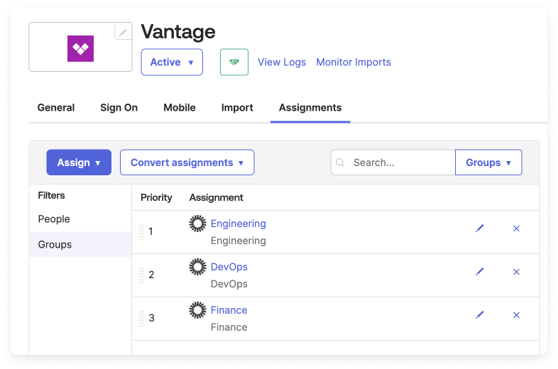 Okta application screen for Vantage with Engineering, DevOps, and Finance groups assigned