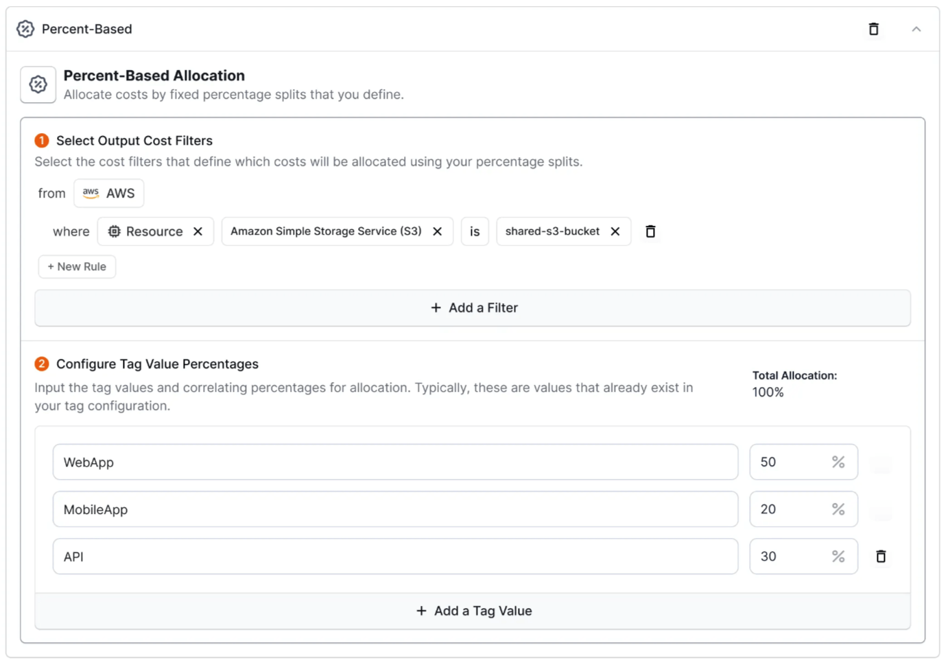 Percent-Based allocation can now be added to Virtual Tags to allocate costs by static percentages