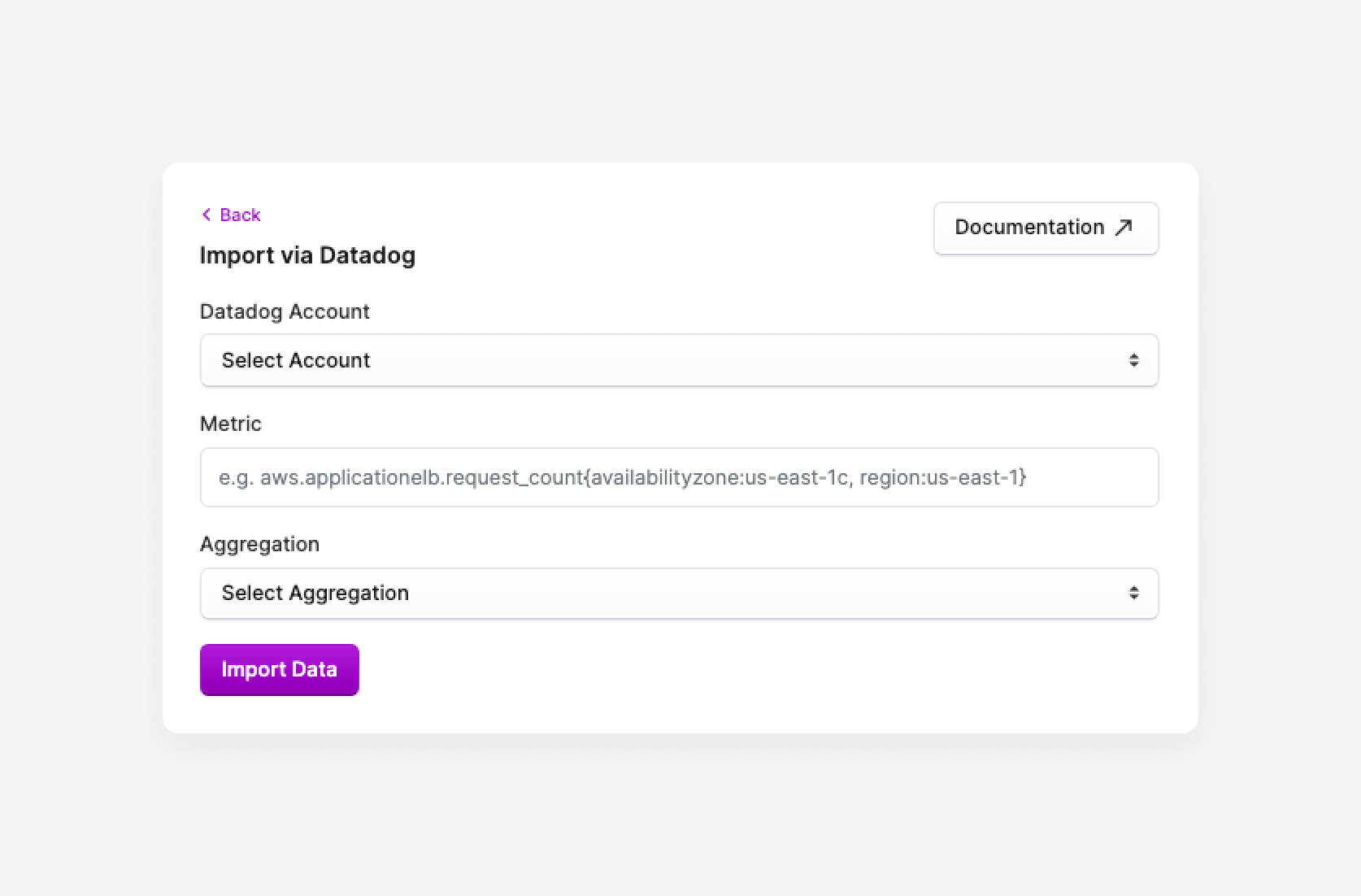 The Datadog business metrics import screen in the console