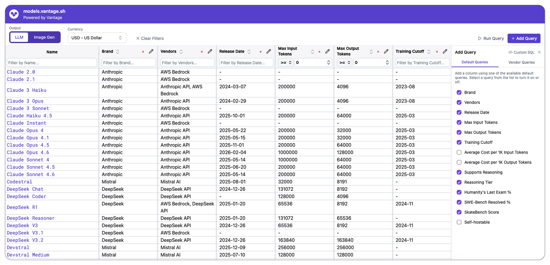vantage.sh/models home page