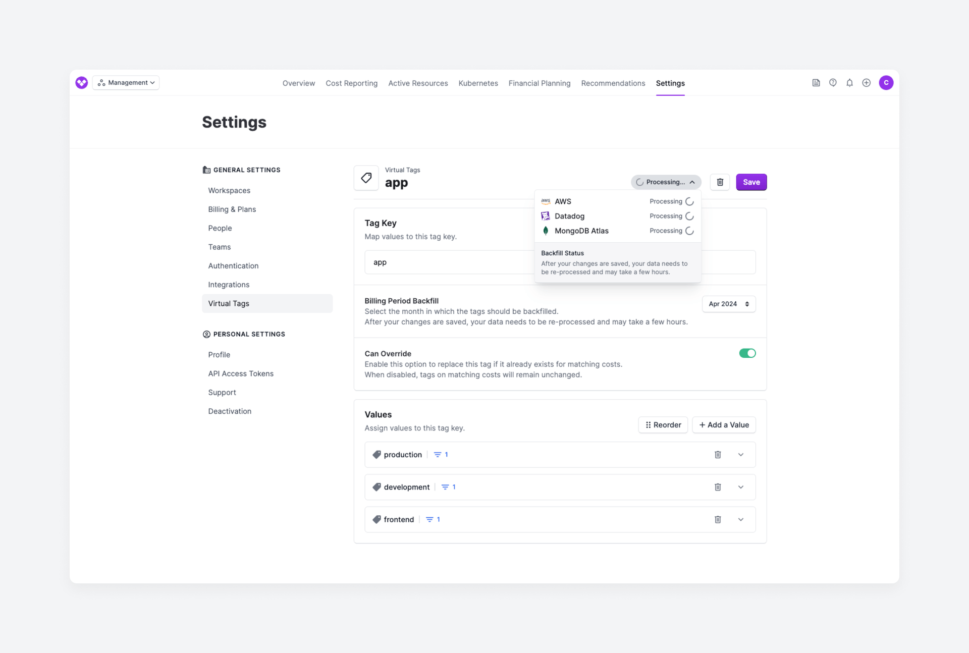 Virtual Tagging screen in the console with sample values input