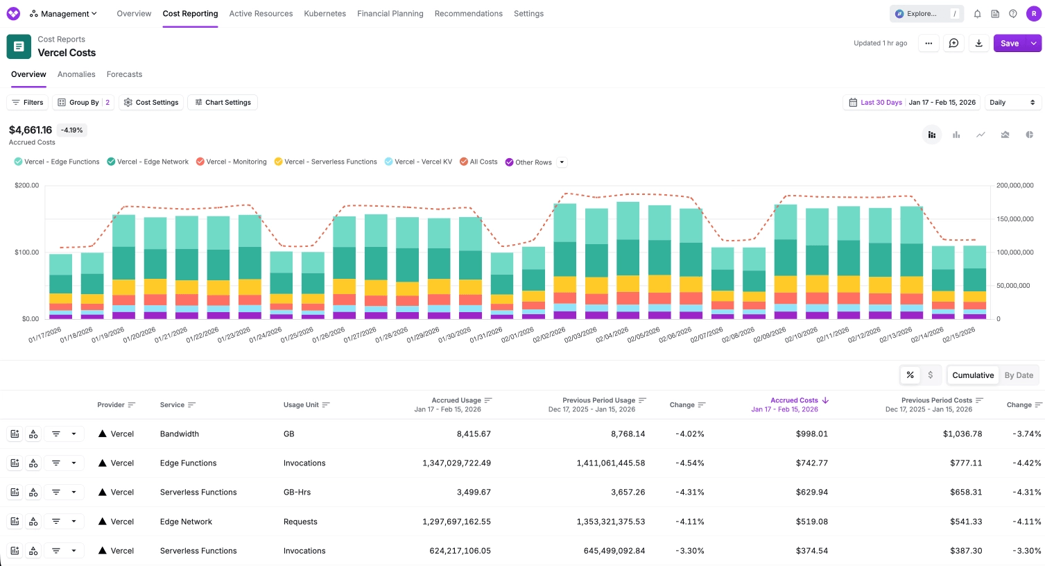 Vercel cost report showing breakdown by service and project