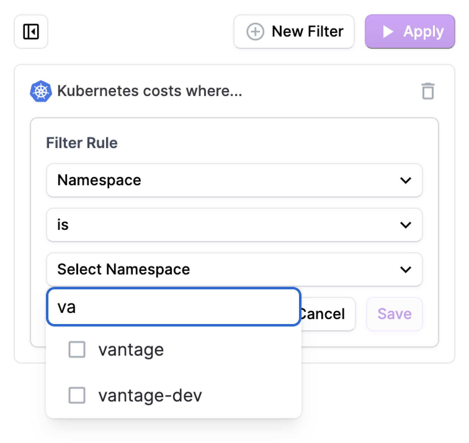 Filter sets component in the Vantage console