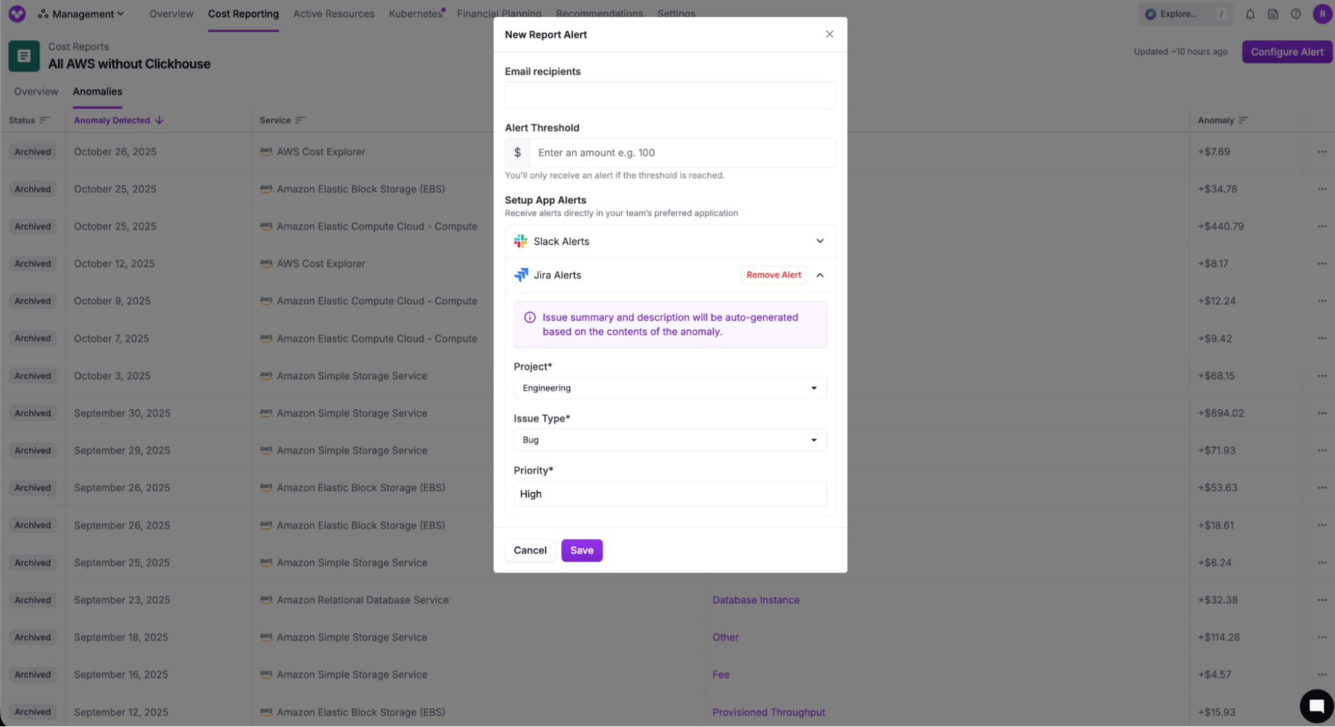 Vantage cost report alert notification showing anomaly detection and integration options