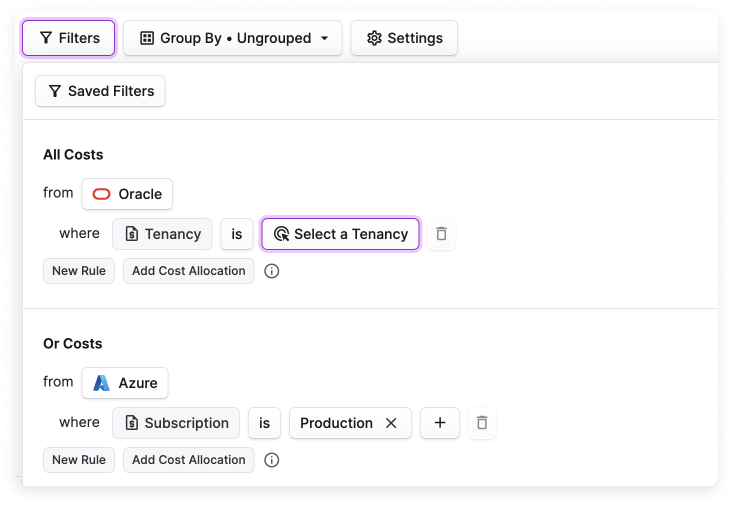 Filtering Oracle and Azure costs in Vantage