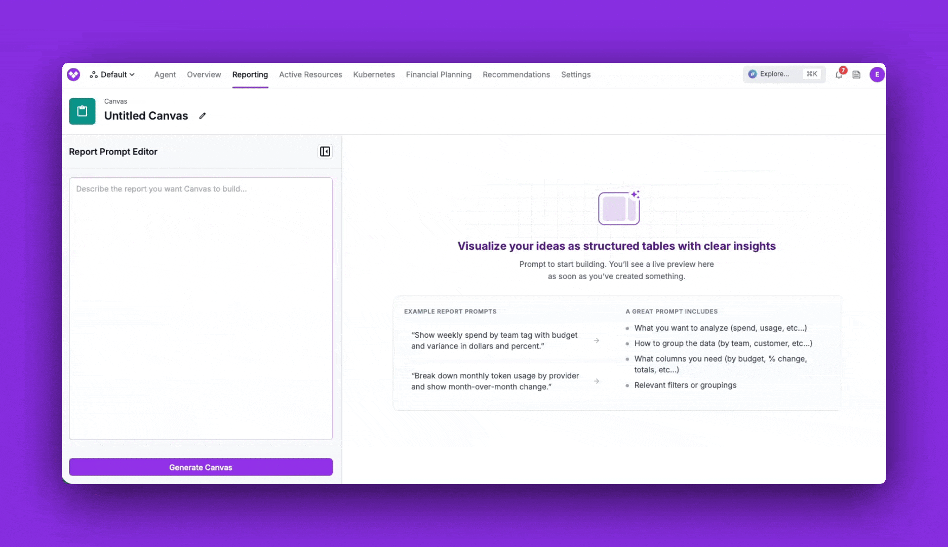 Canvases can render persistent, interactive reports via the FinOps Agent using any data in the Vantage platform