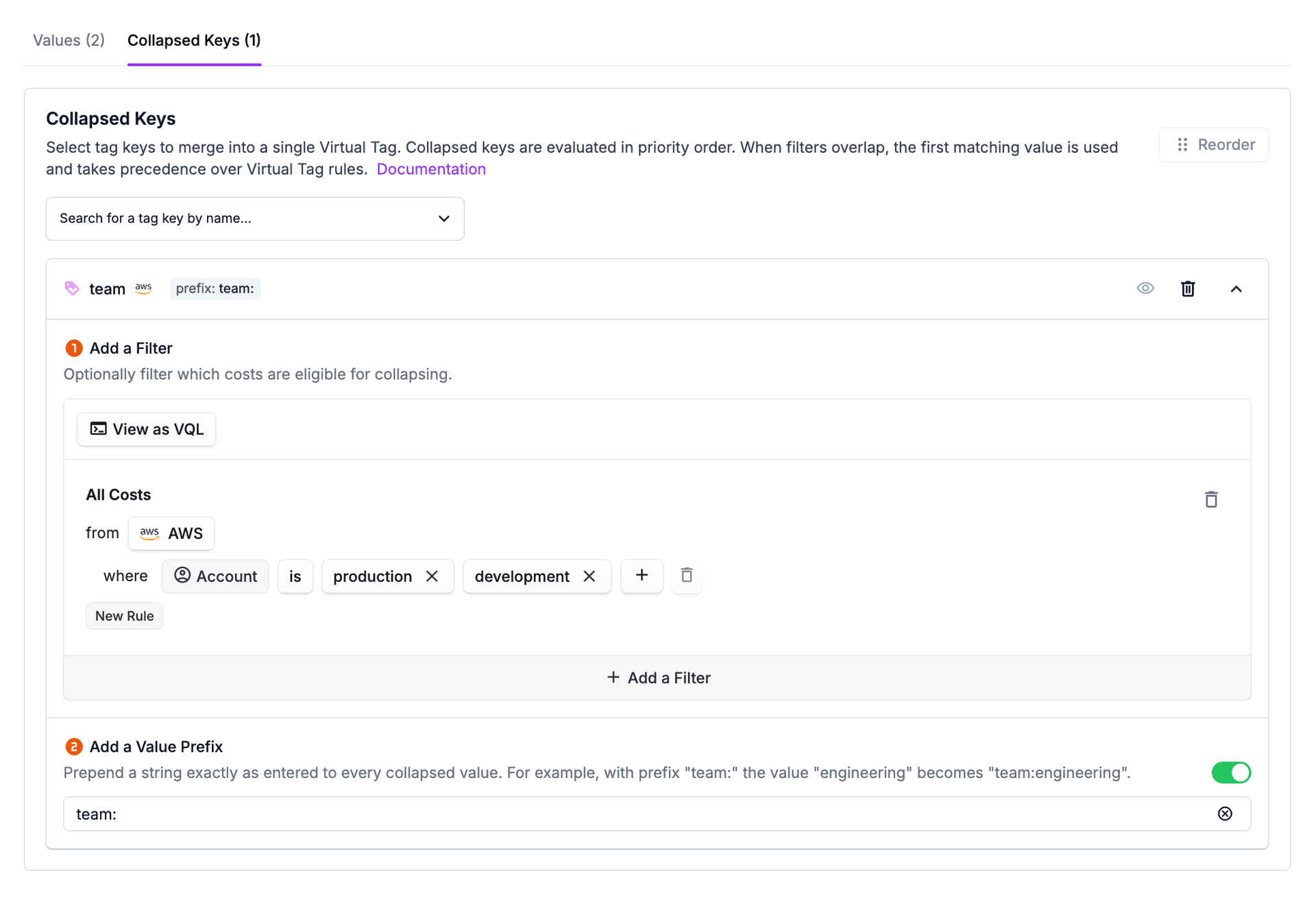 Collapsed Tag Key configuration with filters and value prefixes