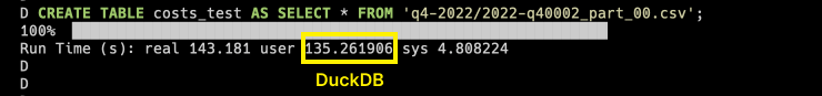 Time to load a portion of the cost data into DuckDB