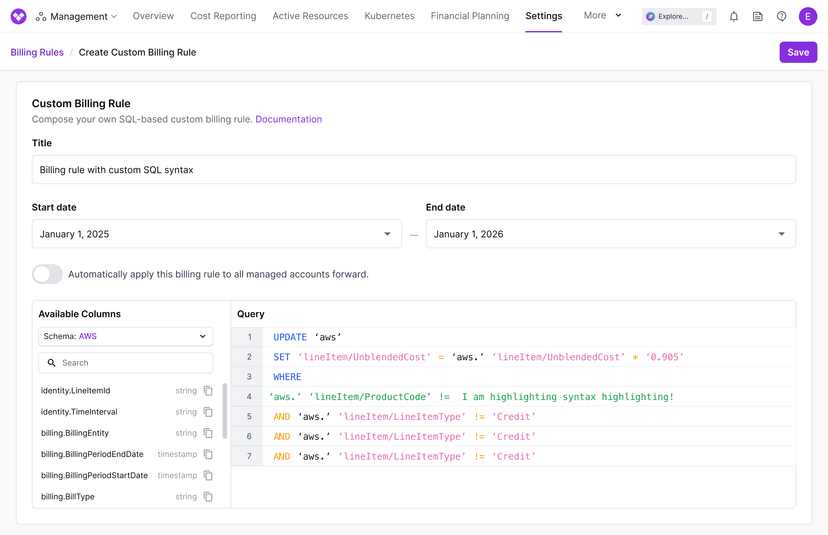 Vantage MSP SQL billing rule feature