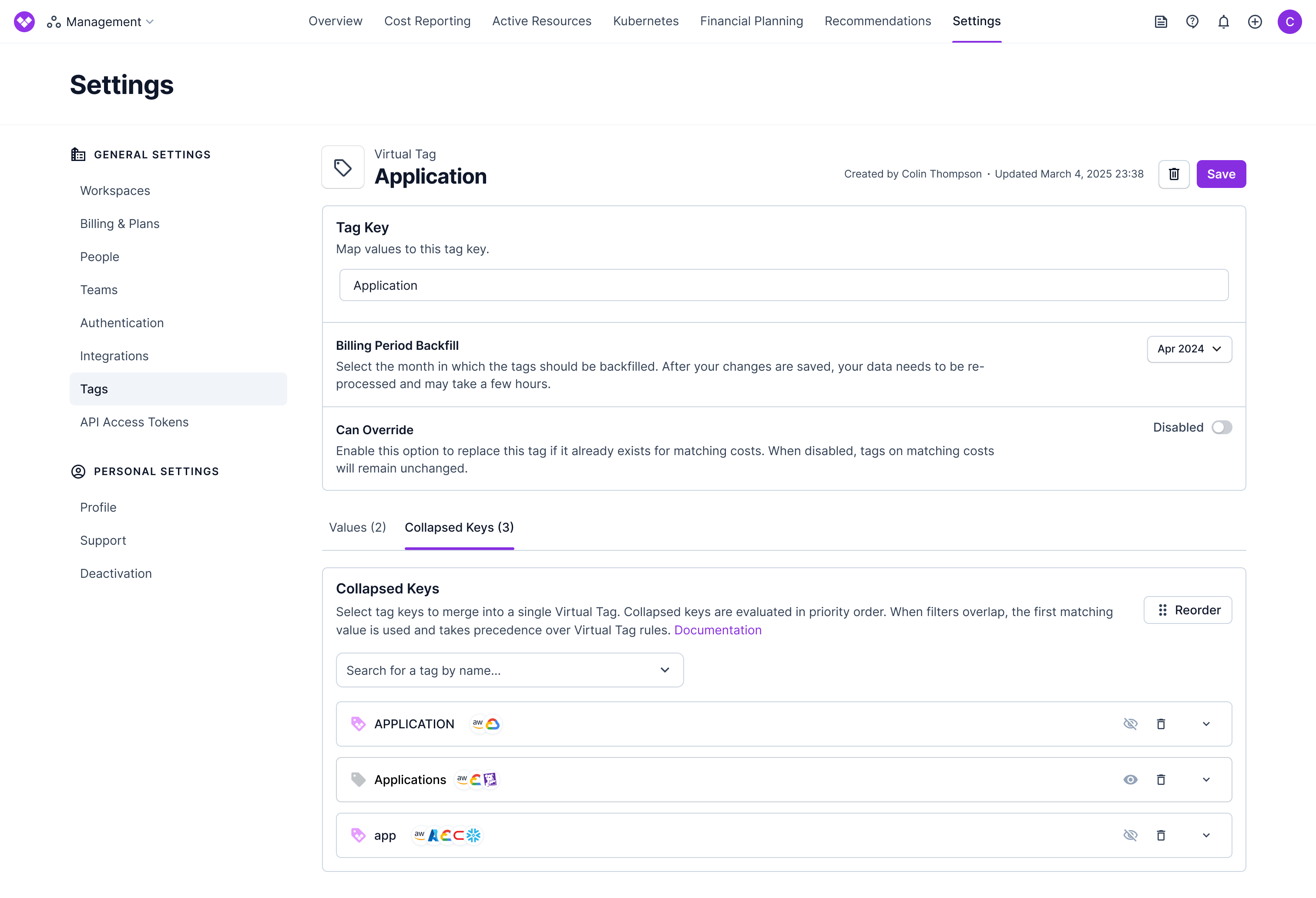 Tag Key Collapsing interface showing tag key consolidation