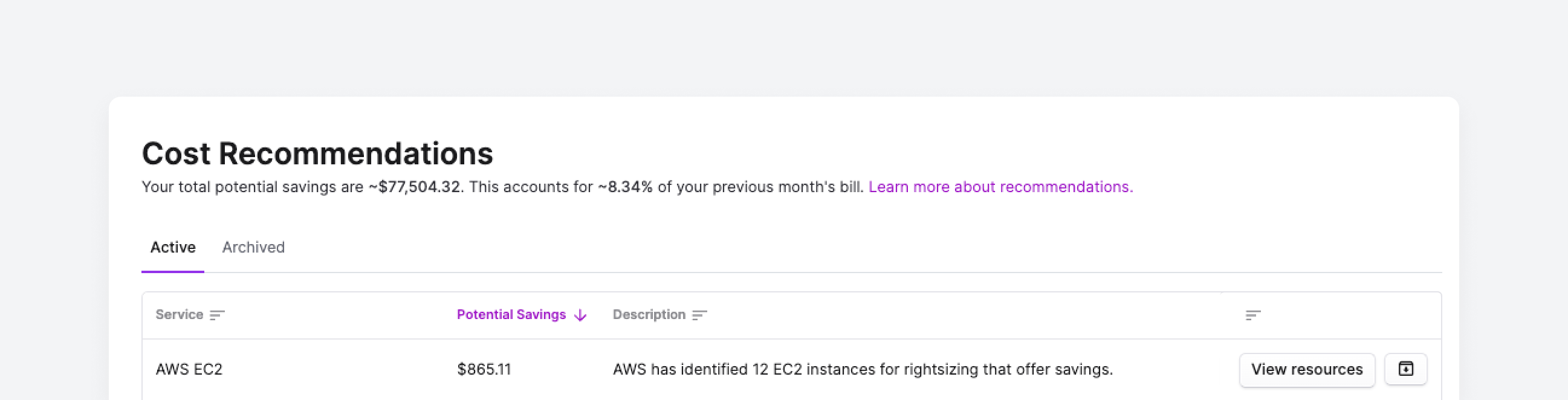 Cost Recommendations screen in the console