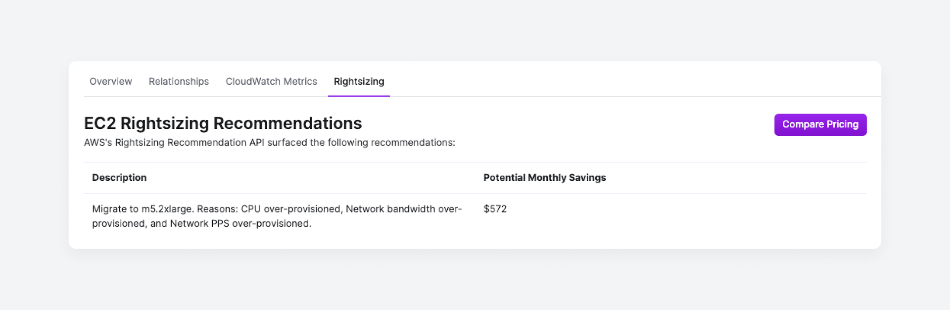 An EC2 rightsizing recommendation in the console