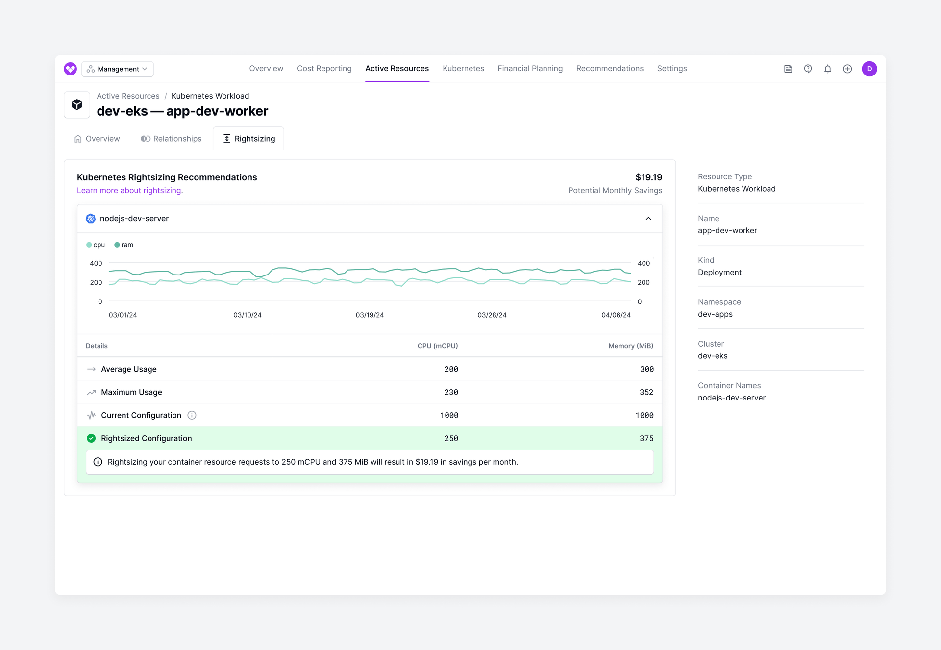 A Kubernetes rightsizing recommendation in the console